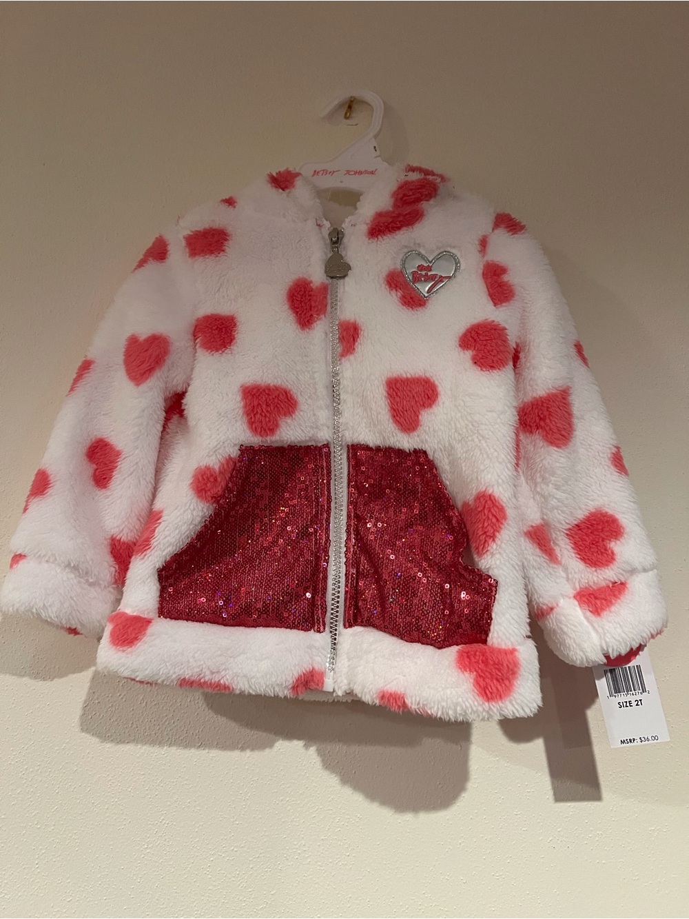 Betsey Johnson White and Pink Fuzzy faux fur Heart Jacket